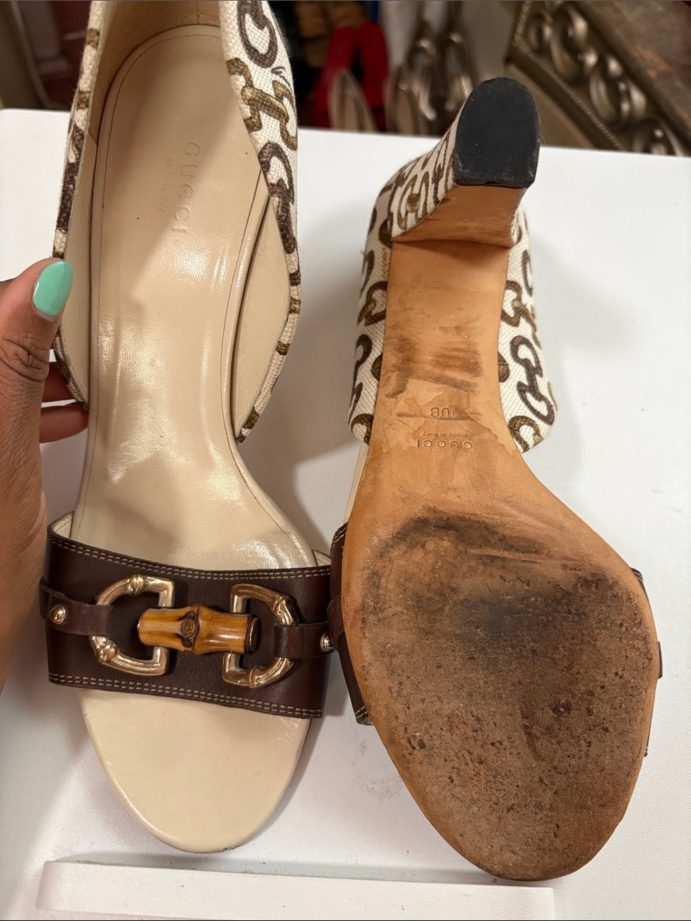 Gucci Beige Canvas and Brown Leather Bamboo-Accent Heels - Picture 5 of 11